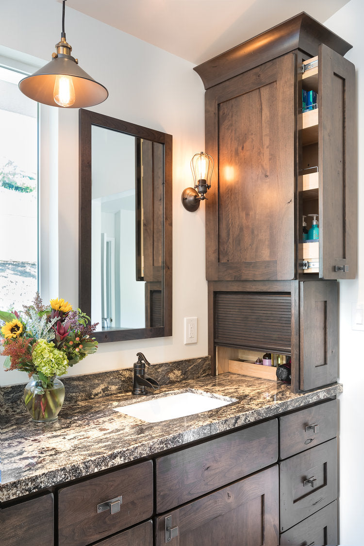 Concord California Bathroom Remodel by Interior Designer Jackie Lopey, Rustic Style, Custom Bathroom Storage Solution with Pull out on on front and roll up appliance garage on right, Crystal Cabinet Works